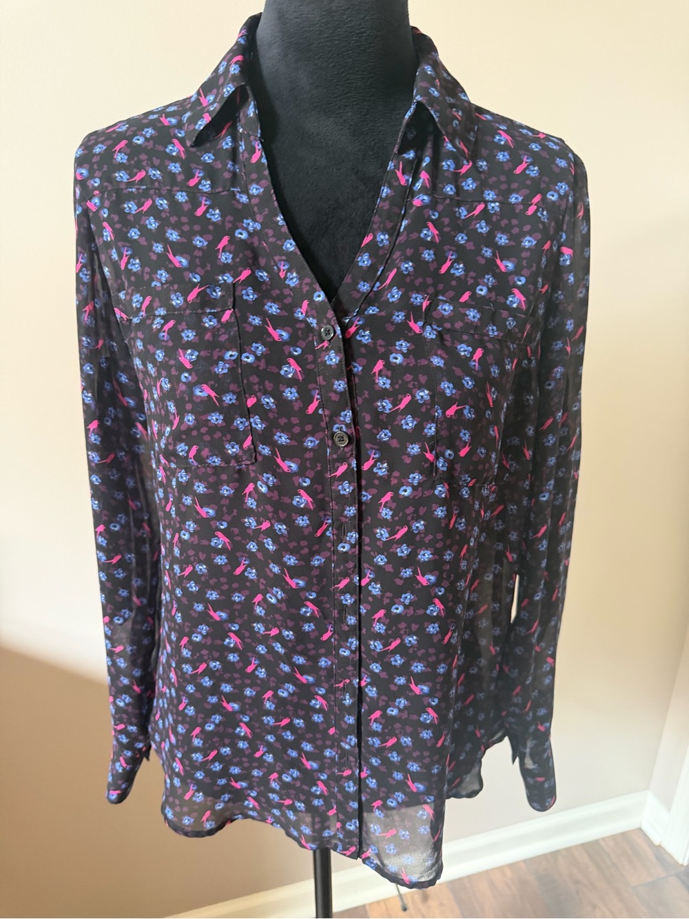 Express Black Button-Down Blouse with Pink Bird & Blue Floral Print Medium